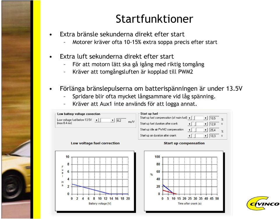 Kräver att tomgångsluften är kopplad till PWM2 Förlänga bränslepulserna om batterispänningen är under 13.