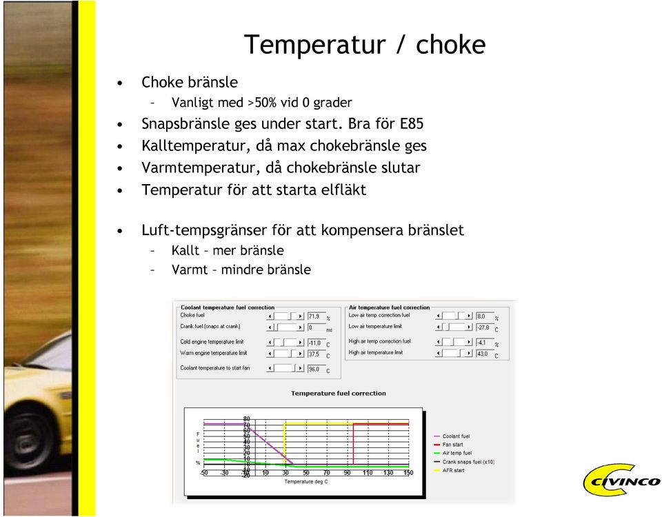 Bra för E85 Kalltemperatur, då max chokebränsle ges Varmtemperatur, då