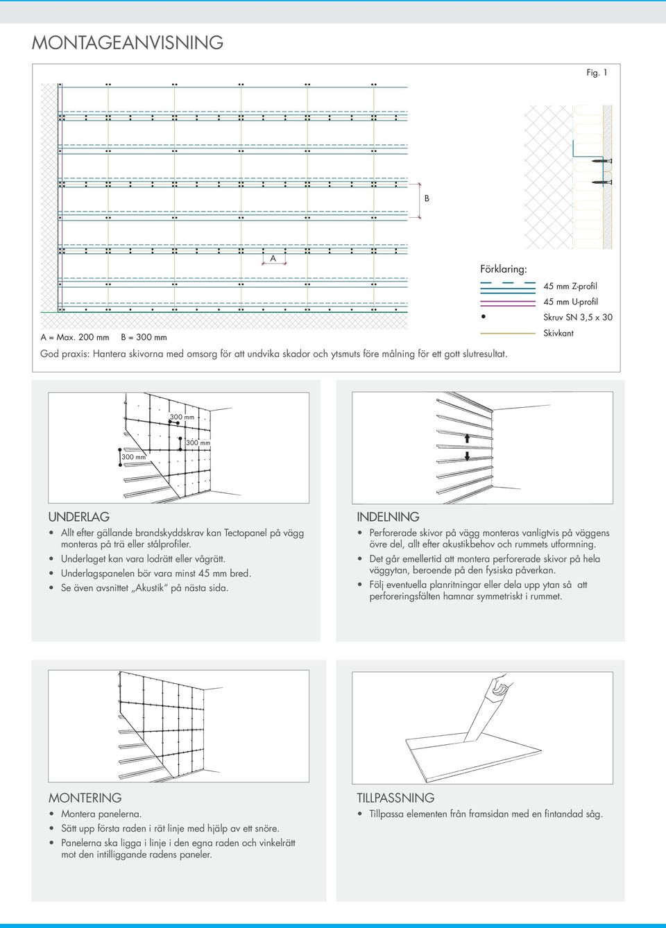 300 mm 300 mm 300 mm UNDERLAG INDELNING Allt efter gällande brandskyddskrav kan Tectopanel på vägg monteras på trä eller stålprofiler.