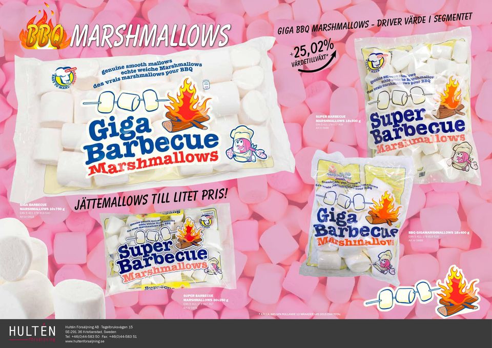 SUPER BARBECUE MARSHMALLOWS 18x500 g EAN 5 411 178 817 409 Art nr 0488 SUPER BARBECUE MARSHMALLOWS ROSA/VITA 30x250 g EAN 5 411 178 817 317 Art nr 0485 BBQ GIGAMARSHMALLOWS 18x400 g EAN 5