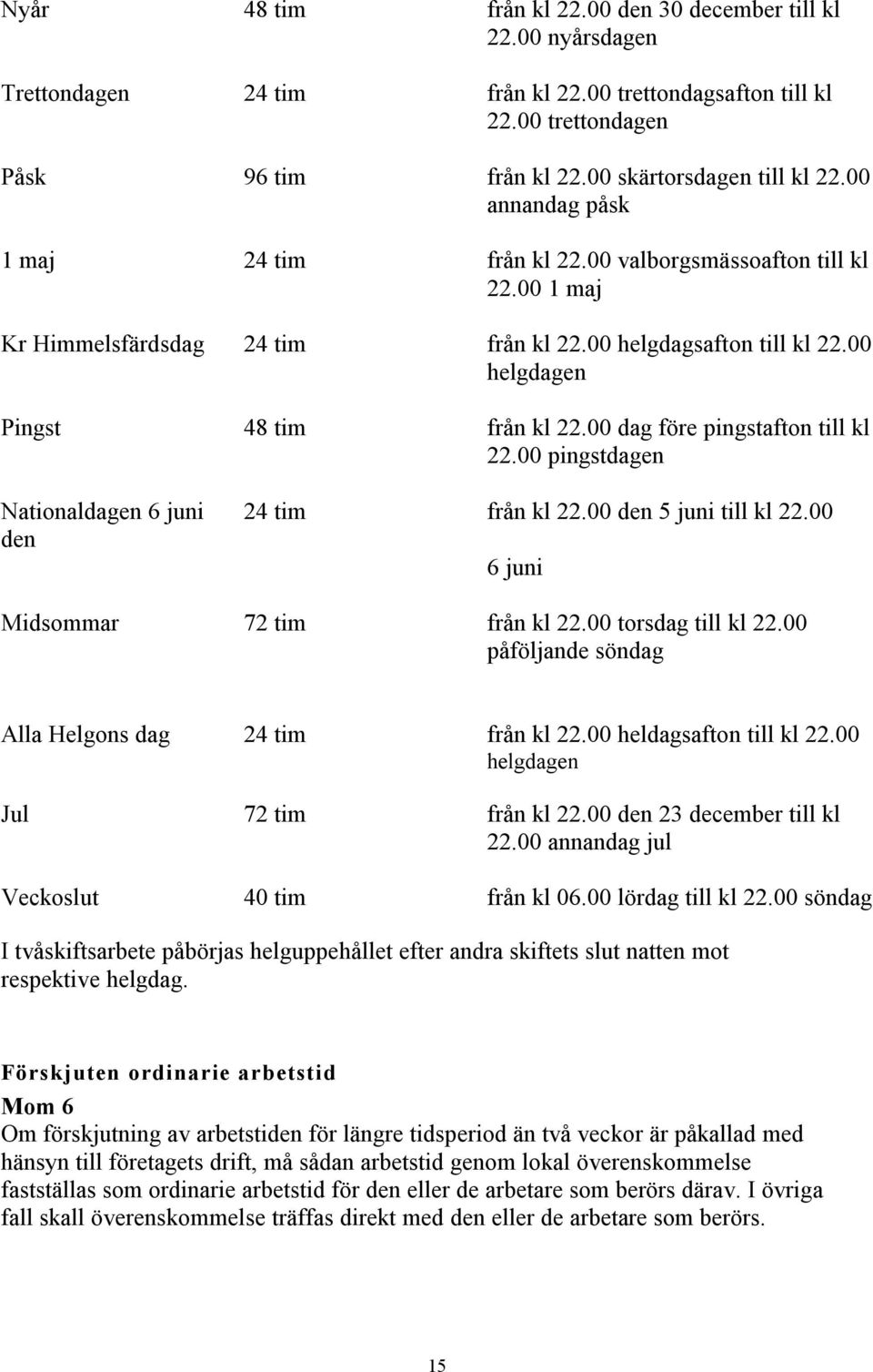 00 dag före pingstafton till kl 22.00 pingstdagen Nationaldagen 6 juni 24 tim från kl 22.00 den 5 juni till kl 22.00 den 6 juni Midsommar 72 tim från kl 22.00 torsdag till kl 22.