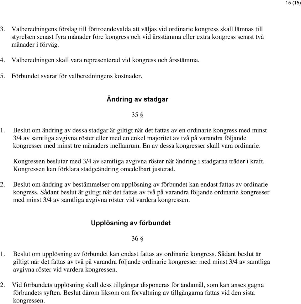 i förväg. 4. Valberedningen skall vara representerad vid kongress och årsstämma. 5. Förbundet svarar för valberedningens kostnader. Ändring av stadgar 35 1.