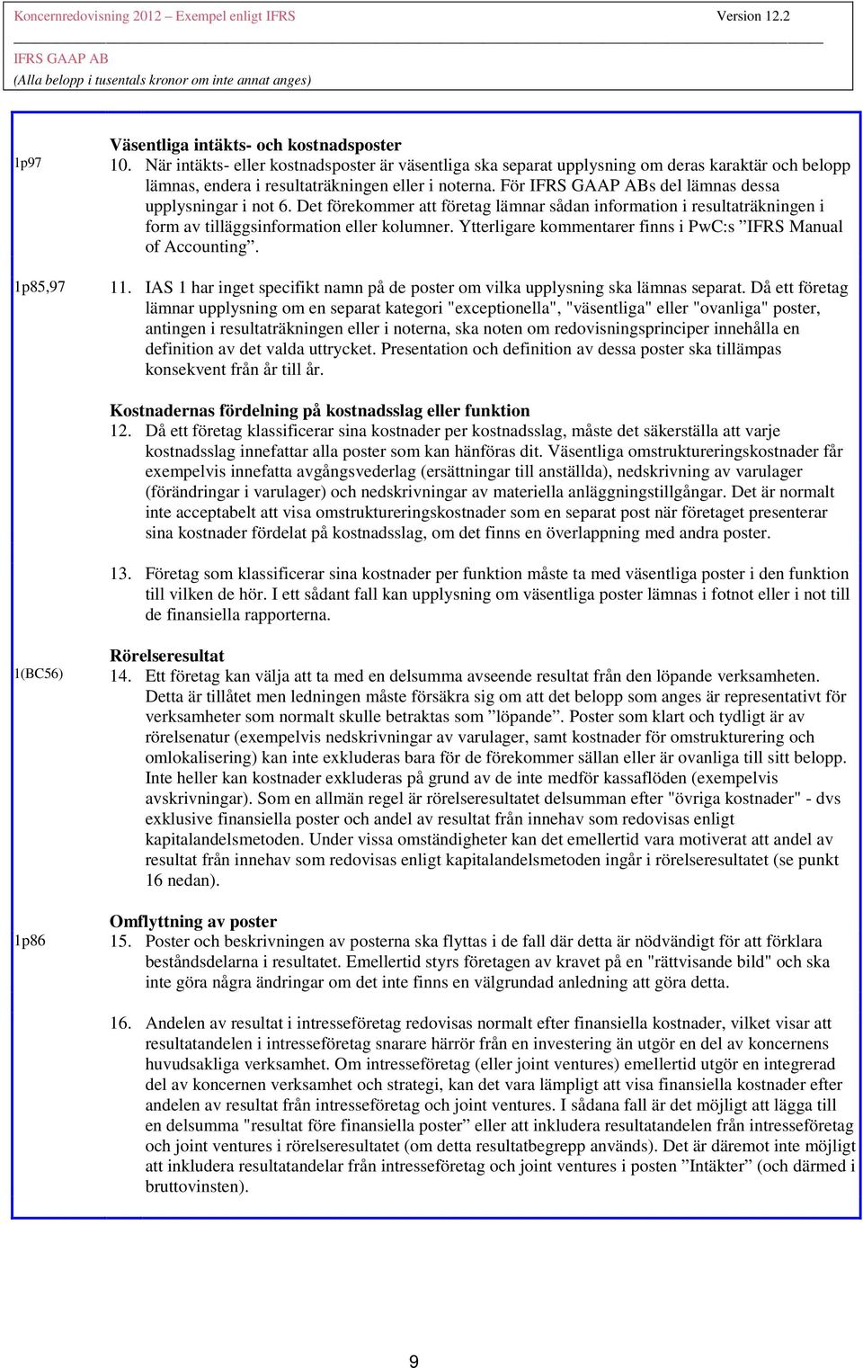 Ytterligare kommentarer finns i PwC:s IFRS Manual of Accounting. 1p85,97 11. IAS 1 har inget specifikt namn på de poster om vilka upplysning ska lämnas separat.