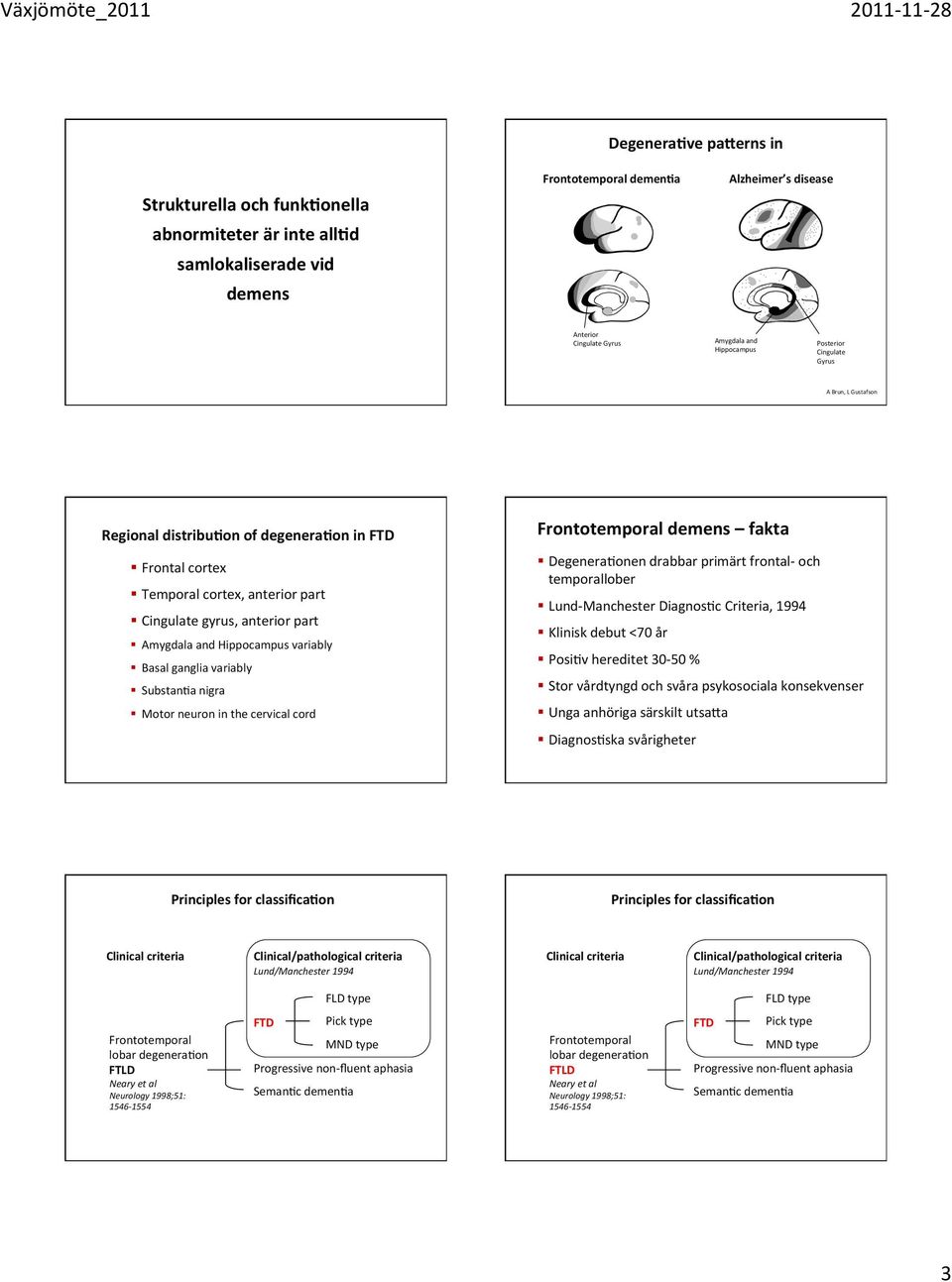 Basal ganglia variably SubstanOa nigra Motor neuron in the cervical cord Frontotemporal demens fakta DegeneraOonen drabbar primärt frontal- och temporallober DiagnosOc Criteria, 1994 Klinisk debut