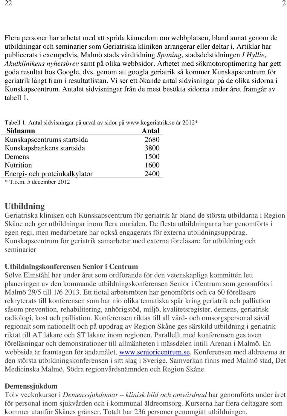 Arbetet med sökmotoroptimering har gett goda resultat hos Google, dvs. genom att googla geriatrik så kommer Kunskapscentrum för geriatrik långt fram i resultatlistan.