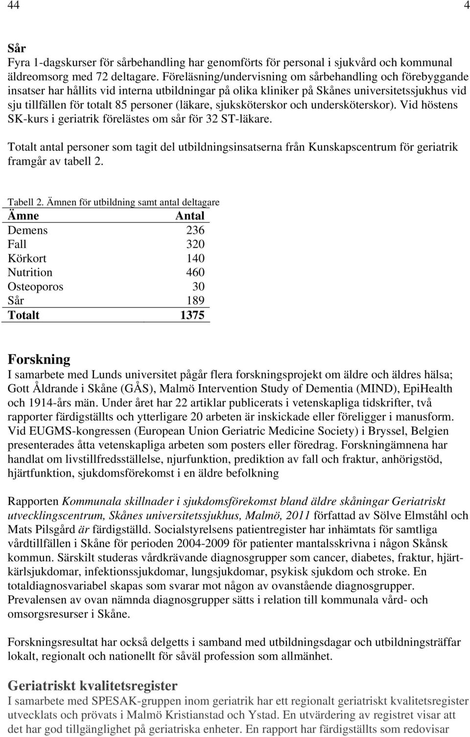 undersköterskor). Vid höstens SK-kurs i geriatrik förelästes om sår för 32 ST-läkare. Totalt antal personer som tagit del utbildningsinsatserna från Kunskapscentrum för geriatrik framgår av tabell 2.