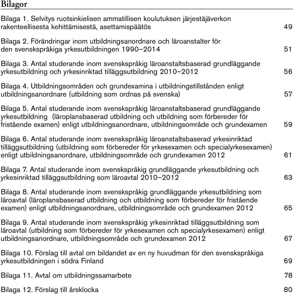 Antal studerande inom svenskspråkig läroanstaltsbaserad grundläggande yrkesutbildning och yrkesinriktad tilläggsutbildning 2010 2012 56 Bilaga 4.