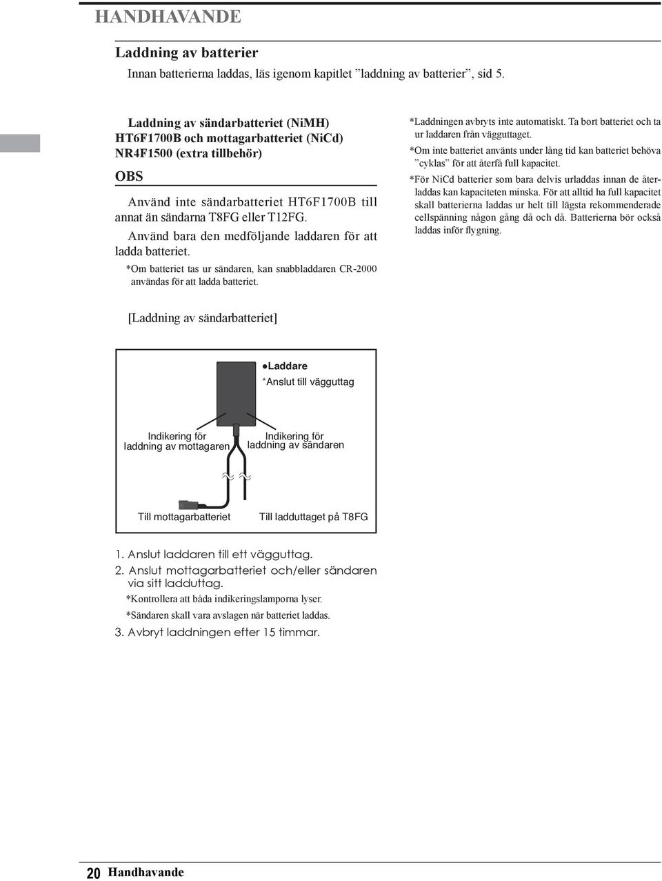 Använd bara den medföljande laddaren för att ladda batteriet. *Om batteriet tas ur sändaren, kan snabbladdaren CR-2000 användas för att ladda batteriet. *Laddningen avbryts inte automatiskt.