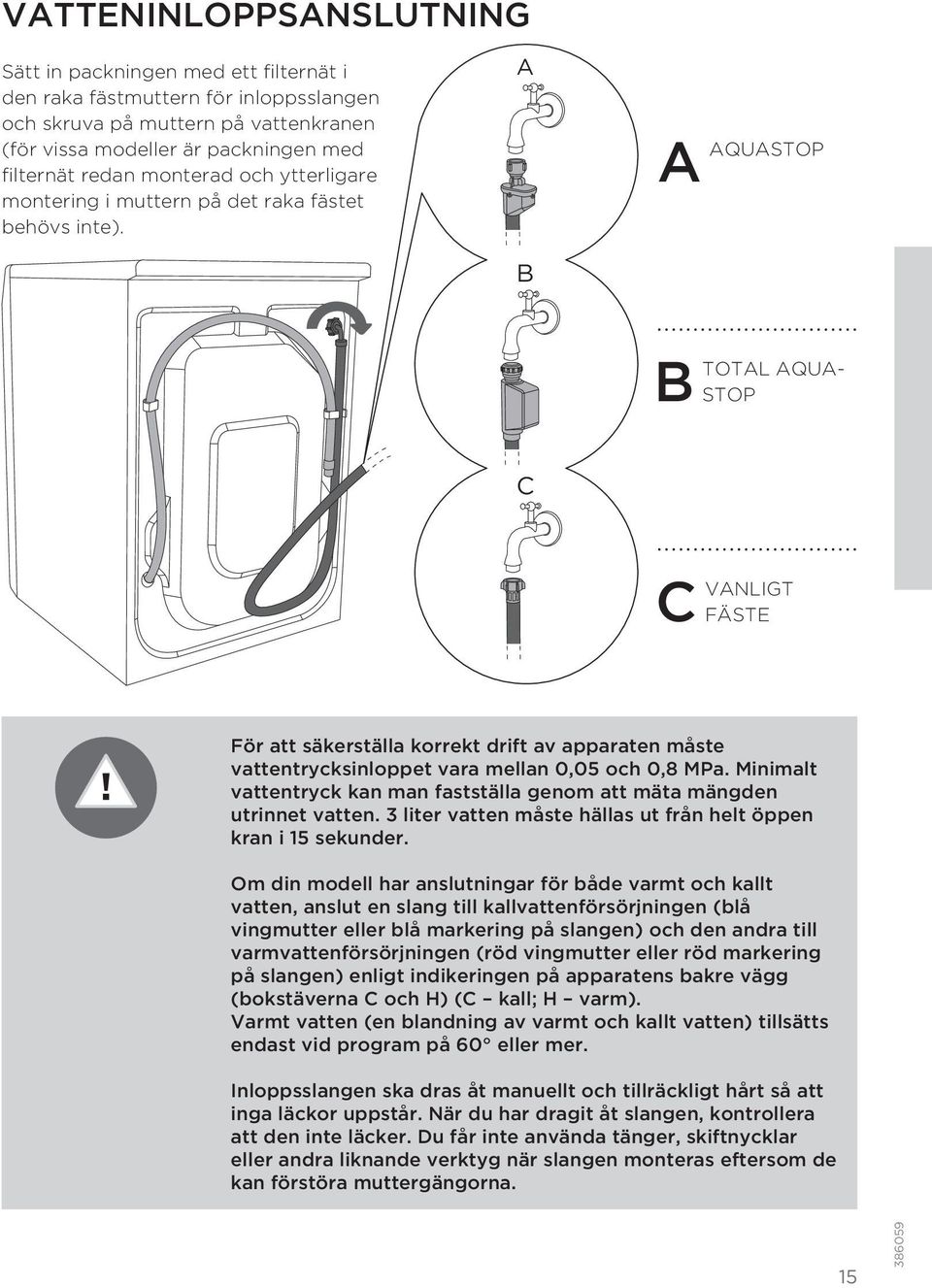 A B A AQUASTOP B TOTAL AQUA- STOP C C VANLIGT FÄSTE För att säkerställa korrekt drift av apparaten måste vattentrycksinloppet vara mellan 0,05 och 0,8 MPa.