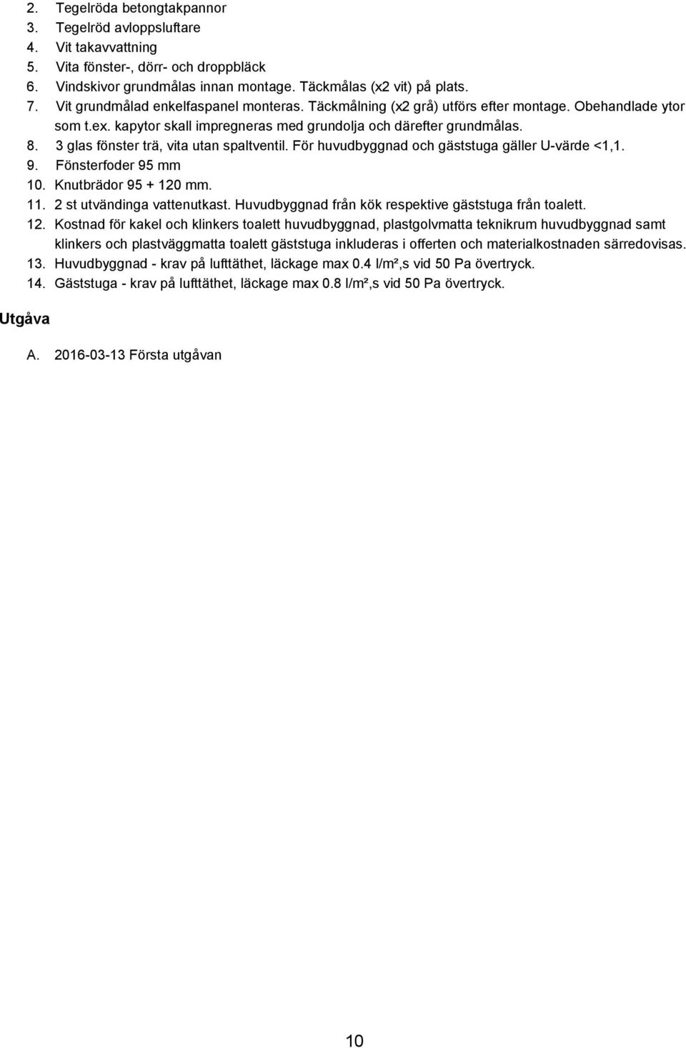 3 glas fönster trä, vita utan spaltventil. För huvudbyggnad och gäststuga gäller U värde <1,1. 9. Fönsterfoder 95 mm 10. Knutbrädor 95 + 120 mm. 11. 2 st utvändinga vattenutkast.