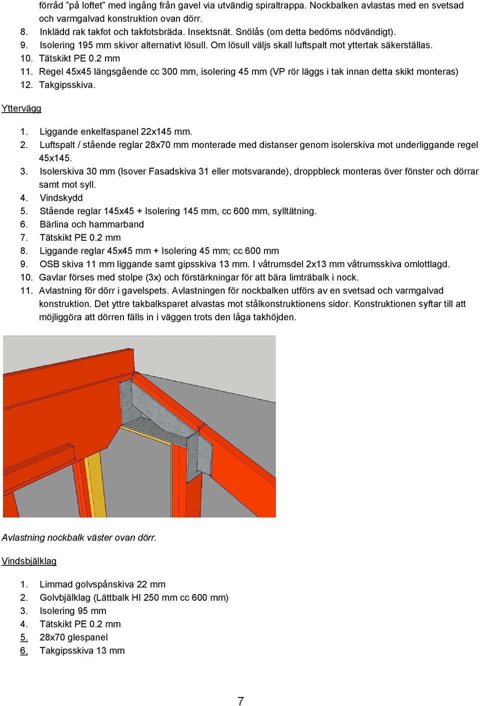 Regel 45x45 längsgående cc 300 mm, isolering 45 mm (VP rör läggs i tak innan detta skikt monteras) 12. Takgipsskiva. Yttervägg 1. Liggande enkelfaspanel 22