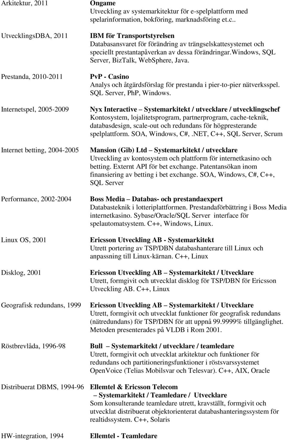 windows, SQL Server, BizTalk, WebSphere, Java. PvP - Casino Analys och åtgärdsförslag för prestanda i pier-to-pier nätverksspel. SQL Server, PhP, Windows.