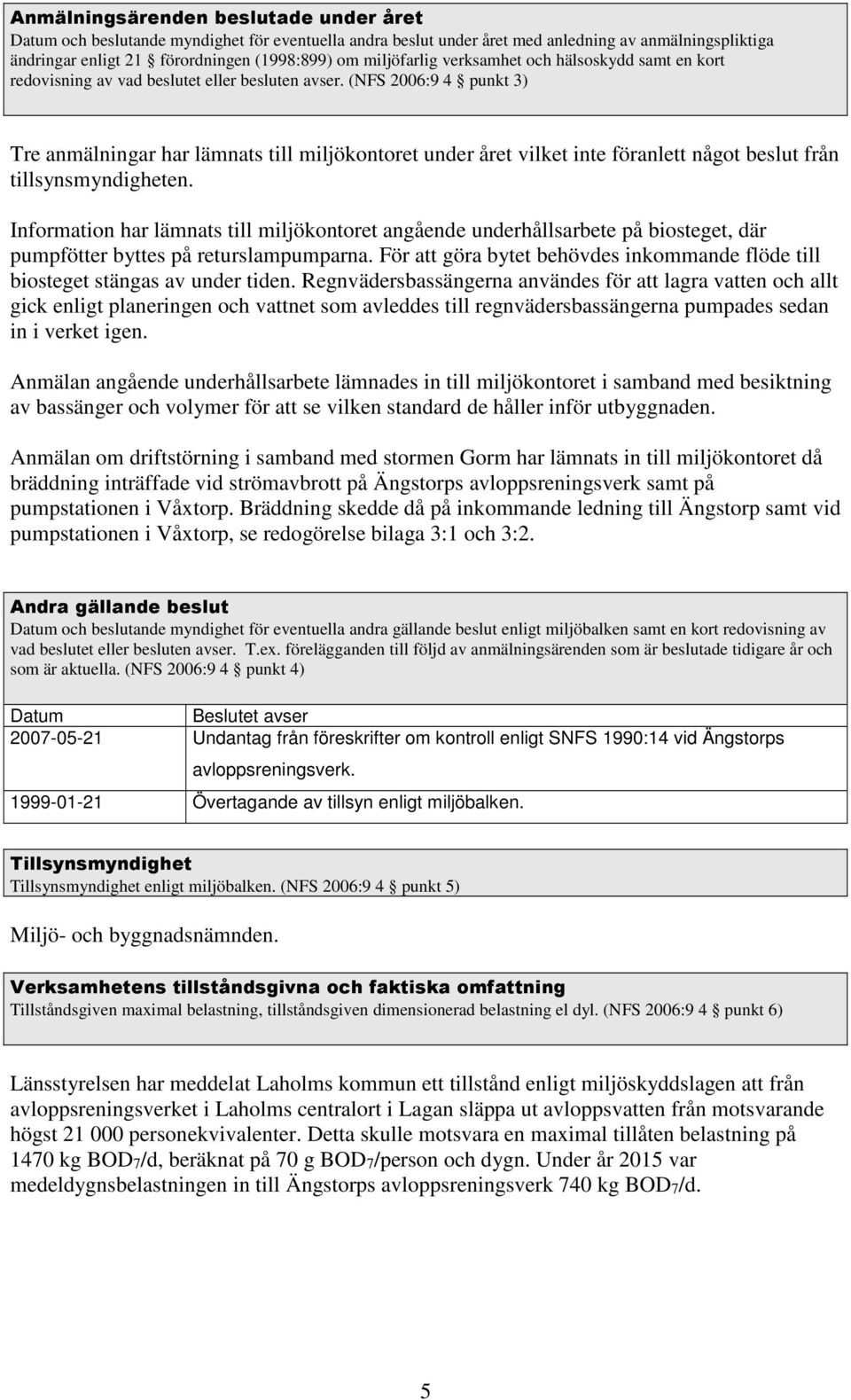 (NFS 2006:9 4 punkt 3) Tre anmälningar har lämnats till miljökontoret under året vilket inte föranlett något beslut från tillsynsmyndigheten.