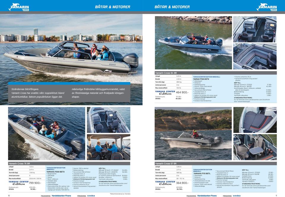 - SPARA 46 226.- 464 900.- YAMAH F150 DETX Akterkapell Sittdynor Hydraulstyrning Garmin 721XS med ekolod Båtvagn 30 km/h ST12522 17 190.- Båtvagn 80 km/h 18022B 42 290.