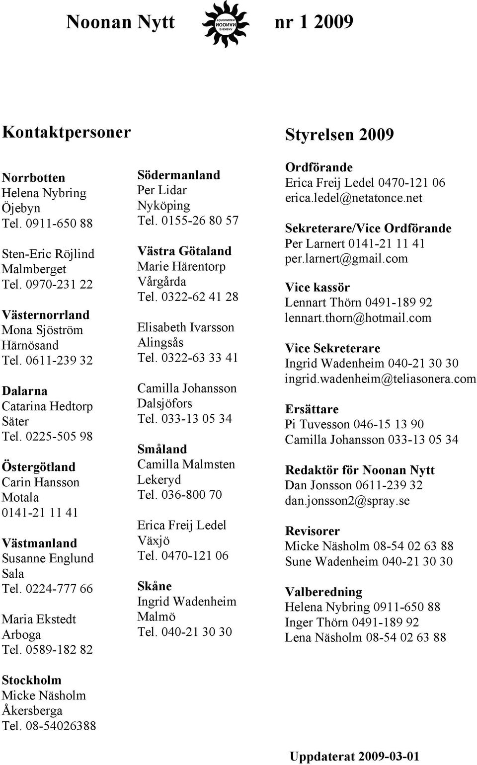 0589-182 82 Södermanland Per Lidar Nyköping Tel. 0155-26 80 57 Västra Götaland Marie Härentorp Vårgårda Tel. 0322-62 41 28 Elisabeth Ivarsson Alingsås Tel.