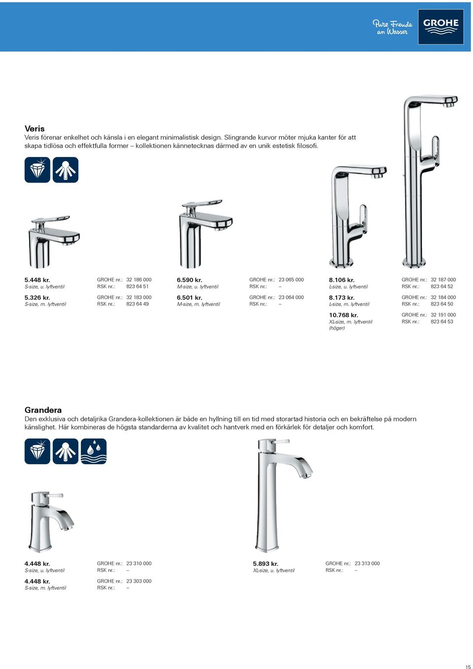 : 32 186 000 RSK nr.: 823 64 51 6.590 kr. M-size, u. lyftventil GROHE nr.: 23 065 000 8.106 kr. L-size, u. lyftventil GROHE nr.: 32 187 000 RSK nr.: 823 64 52 5.326 kr. S-size, m. lyftventil GROHE nr.: 32 183 000 RSK nr.