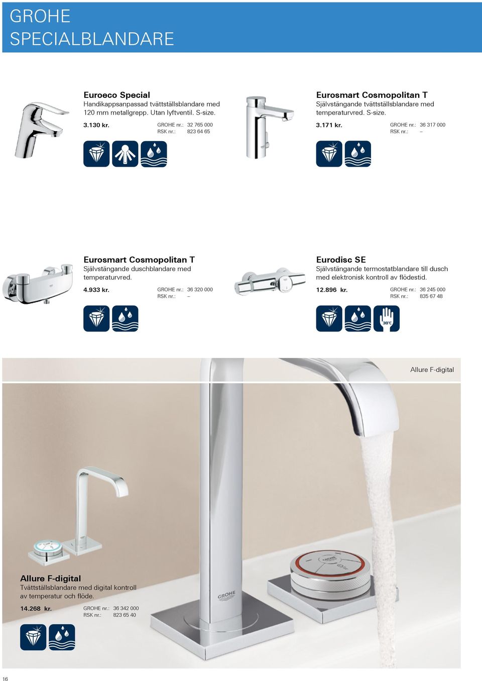 : 36 317 000 Eurosmart Cosmopolitan T Självstängande duschblandare med temperaturvred. 4.933 kr. GROHE nr.