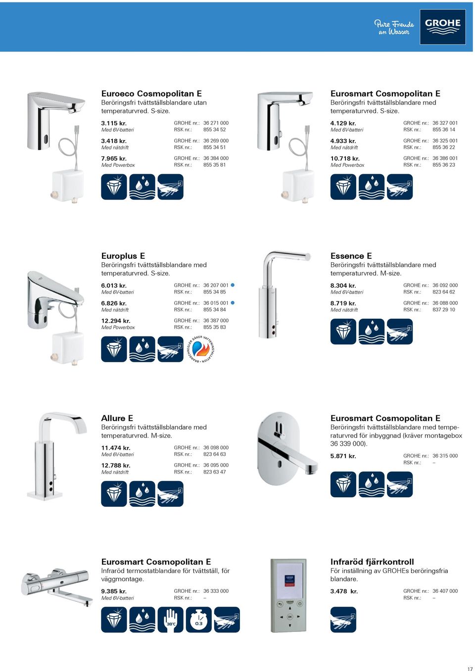 Med nätdrift GROHE nr.: 36 325 001 RSK nr.: 855 36 22 7.965 kr. Med Powerbox GROHE nr.: 36 384 000 RSK nr.: 855 35 81 10.718 kr. Med Powerbox GROHE nr.: 36 386 001 RSK nr.