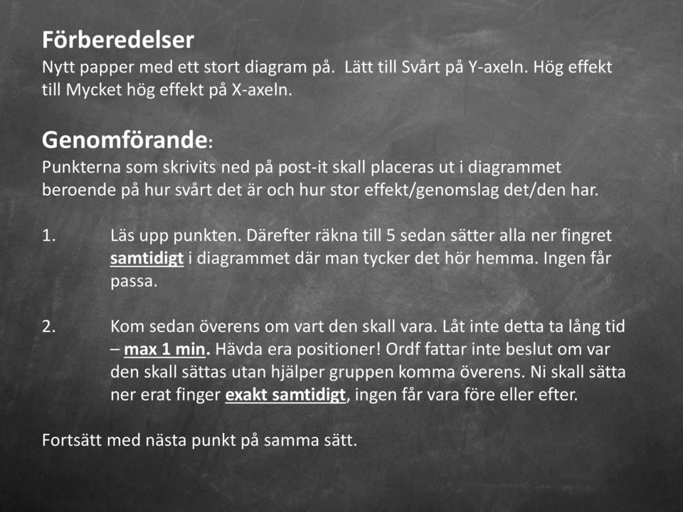 Därefter räkna till 5 sedan sätter alla ner fingret samtidigt i diagrammet där man tycker det hör hemma. Ingen får passa. 2. Kom sedan överens om vart den skall vara.