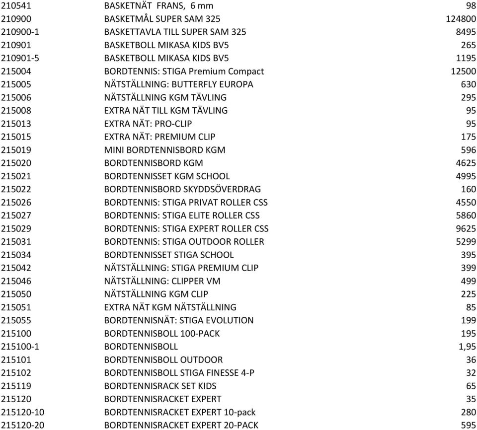 EXTRA NÄT: PREMIUM CLIP 175 215019 MINI BORDTENNISBORD KGM 596 215020 BORDTENNISBORD KGM 4625 215021 BORDTENNISSET KGM SCHOOL 4995 215022 BORDTENNISBORD SKYDDSÖVERDRAG 160 215026 BORDTENNIS: STIGA