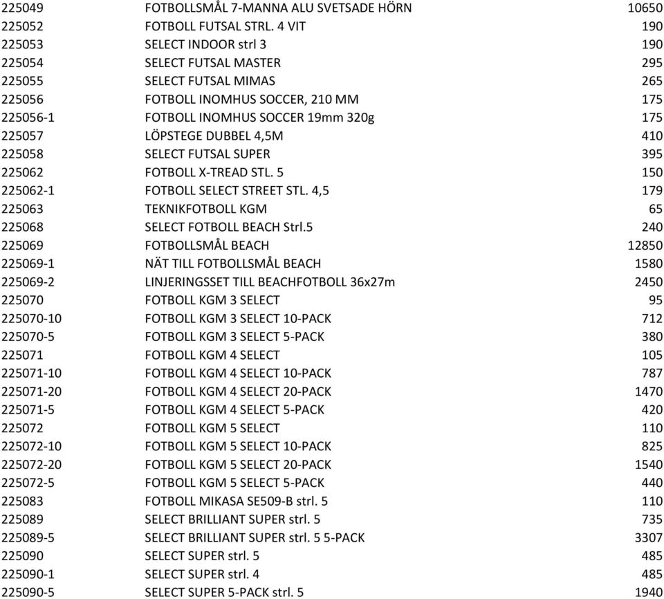 LÖPSTEGE DUBBEL 4,5M 410 225058 SELECT FUTSAL SUPER 395 225062 FOTBOLL X-TREAD STL. 5 150 225062-1 FOTBOLL SELECT STREET STL. 4,5 179 225063 TEKNIKFOTBOLL KGM 65 225068 SELECT FOTBOLL BEACH Strl.