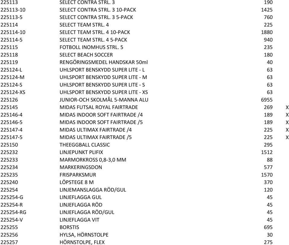 5 235 225118 SELECT BEACH SOCCER 180 225119 RENGÖRINGSMEDEL HANDSKAR 50ml 40 225124-L UHLSPORT BENSKYDD SUPER LITE - L 63 225124-M UHLSPORT BENSKYDD SUPER LITE - M 63 225124-S UHLSPORT BENSKYDD SUPER
