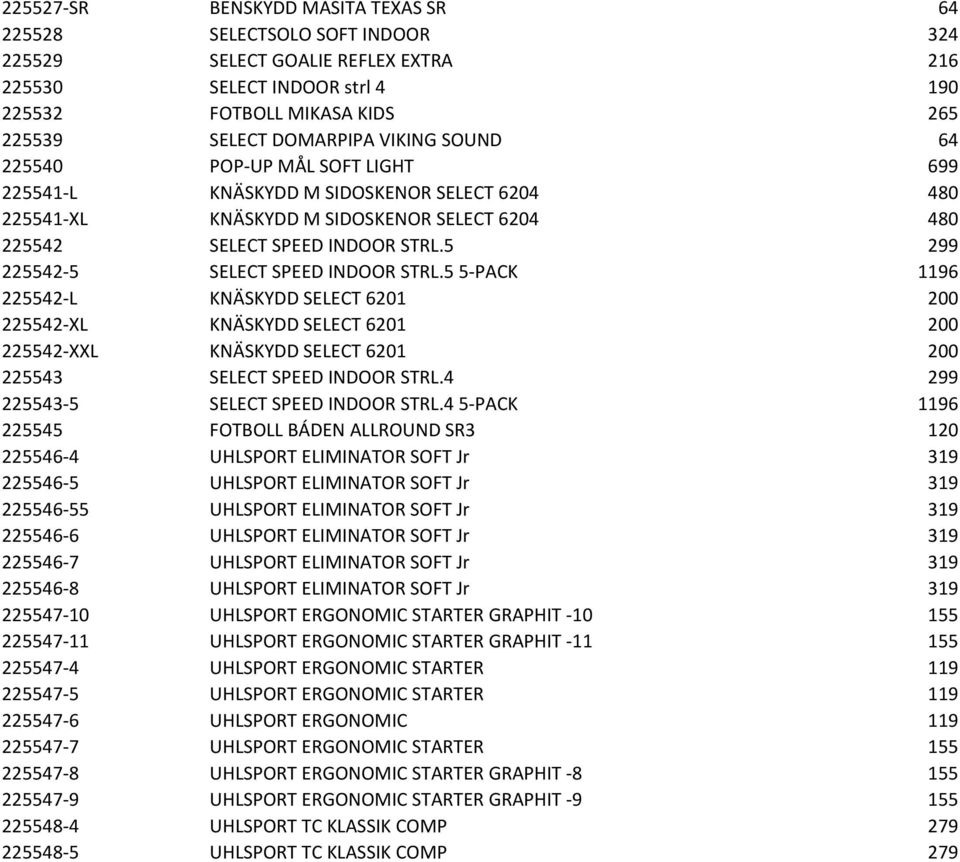 5 299 225542-5 SELECT SPEED INDOOR STRL.5 5-PACK 1196 225542-L KNÄSKYDD SELECT 6201 200 225542-XL KNÄSKYDD SELECT 6201 200 225542-XXL KNÄSKYDD SELECT 6201 200 225543 SELECT SPEED INDOOR STRL.