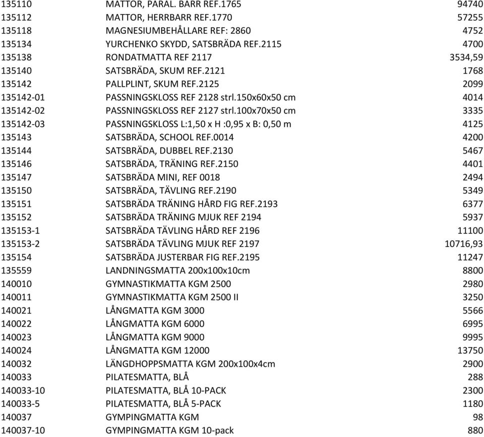 150x60x50 cm 4014 135142-02 PASSNINGSKLOSS REF 2127 strl.100x70x50 cm 3335 135142-03 PASSNINGSKLOSS L:1,50 x H :0,95 x B: 0,50 m 4125 135143 SATSBRÄDA, SCHOOL REF.