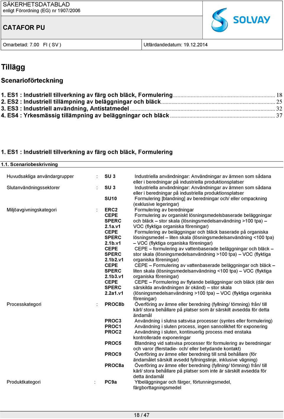 ES1 : Industriell tillverkning av färg och bläck, Formulering 1.1. Scenariobeskrivning Huvudsakliga användargrupper : SU 3 Industriella användningar: Användningar av ämnen som sådana eller i