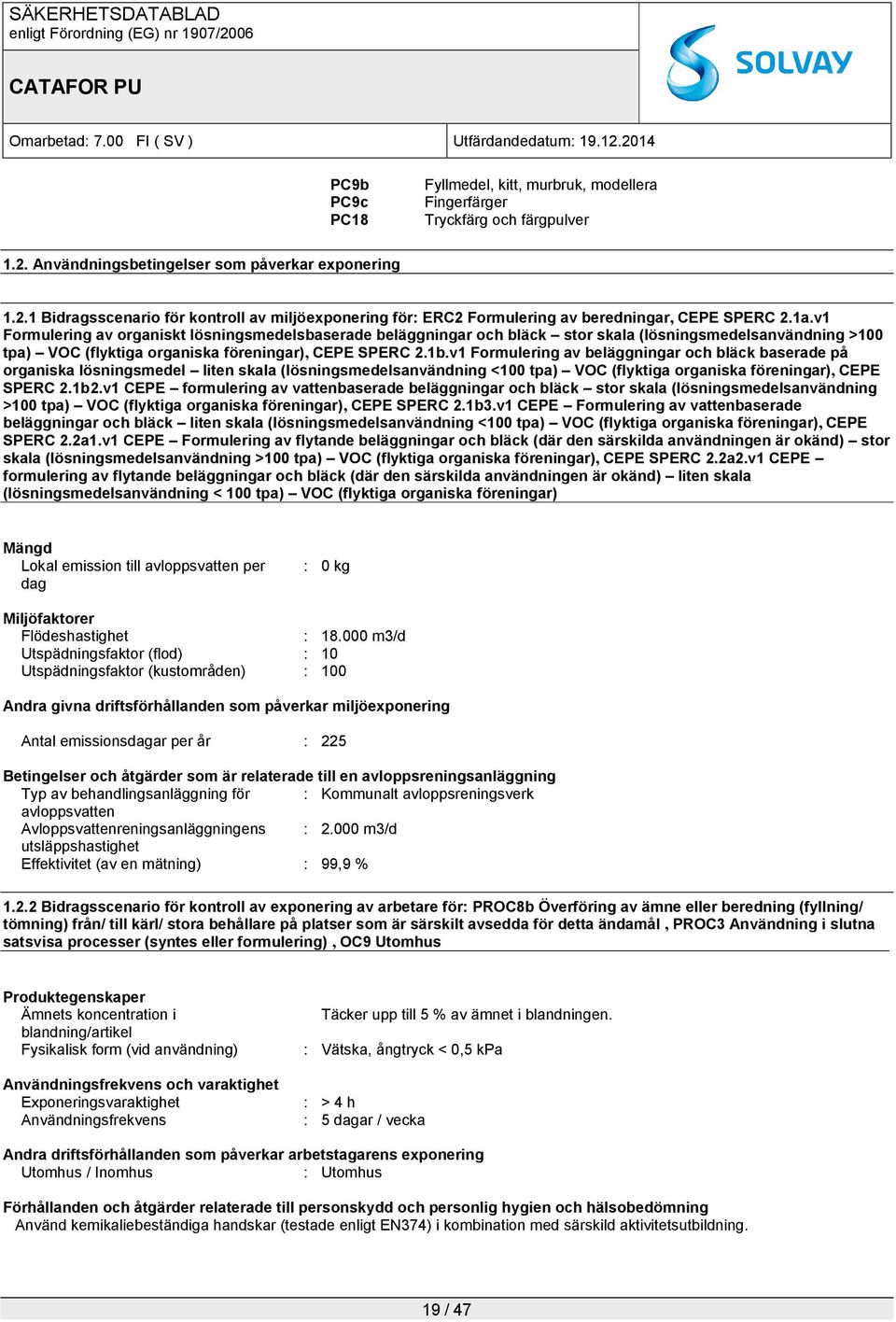 v1 Formulering av beläggningar och bläck baserade på organiska lösningsmedel liten skala (lösningsmedelsanvändning <100 tpa) VOC (flyktiga organiska föreningar), CEPE SPERC 2.1b2.