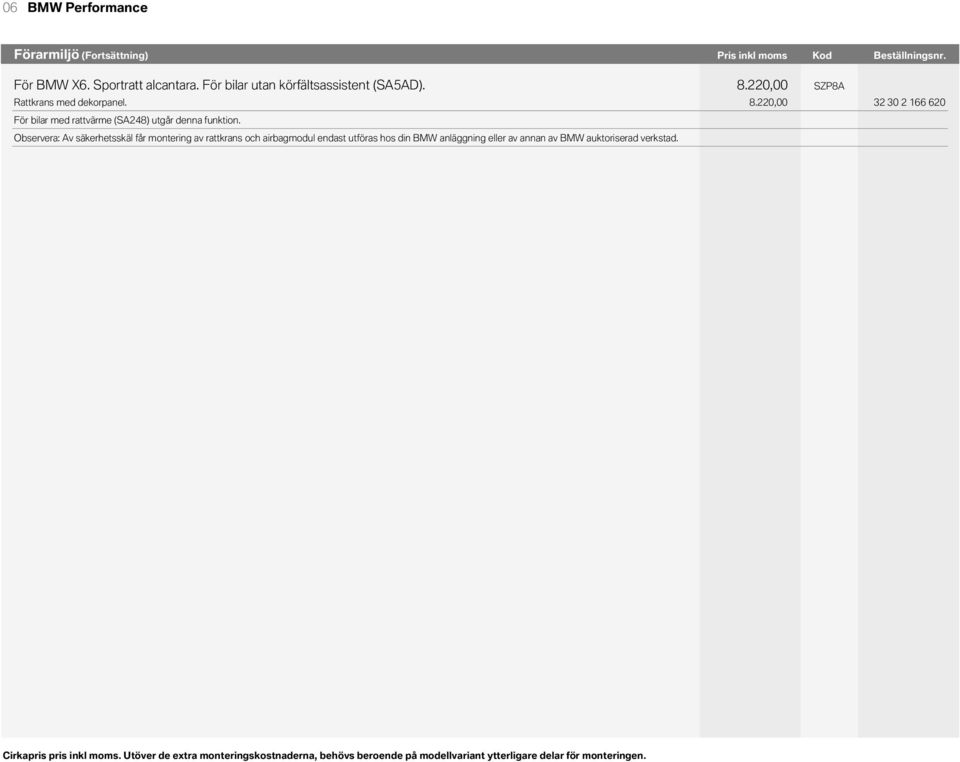 moms Kod Pris Kod inkl moms Kod Beställningsnr. Pris Beställningsnr. Kod Pris inkl inkl moms Kod moms Kod För BMW X6. Sportratt alcantara. För bilar utan körfältsassistent (SA5AD). 008.