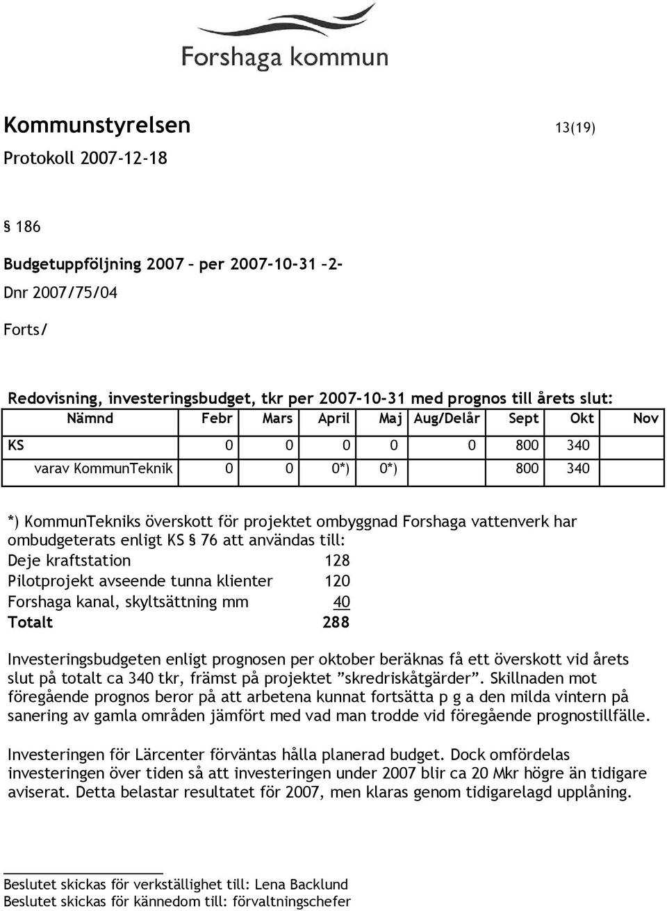 till: Deje kraftstation 128 Pilotprojekt avseende tunna klienter 120 Forshaga kanal, skyltsättning mm 40 Totalt 288 Investeringsbudgeten enligt prognosen per oktober beräknas få ett överskott vid