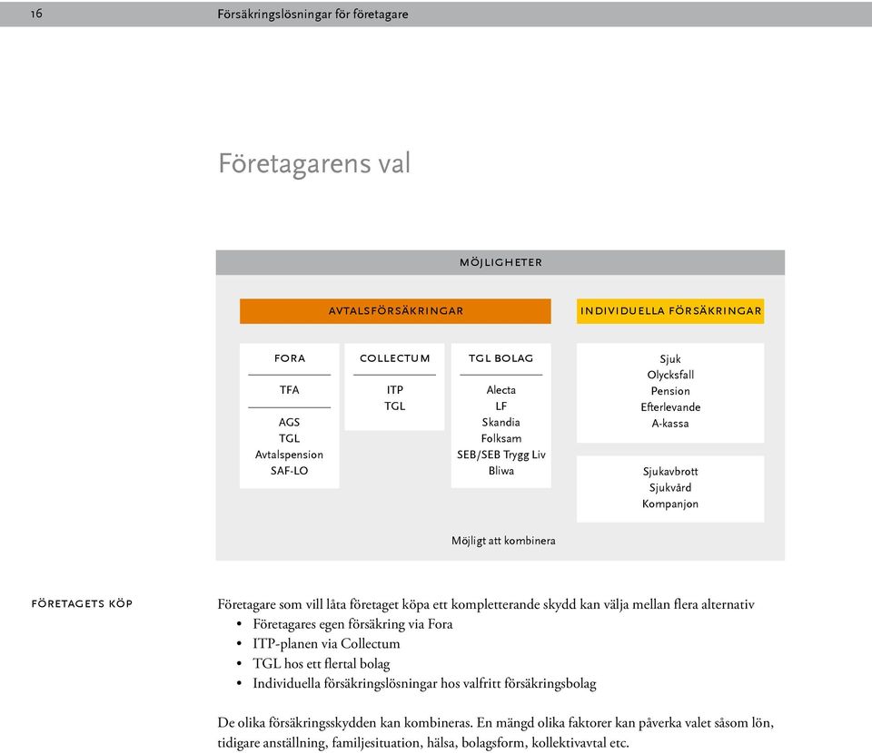 köpa ett kompletterande skydd kan välja mellan flera alternativ Företagares egen försäkring via Fora ITP-planen via Collectum TGL hos ett flertal bolag Individuella försäkringslösningar hos