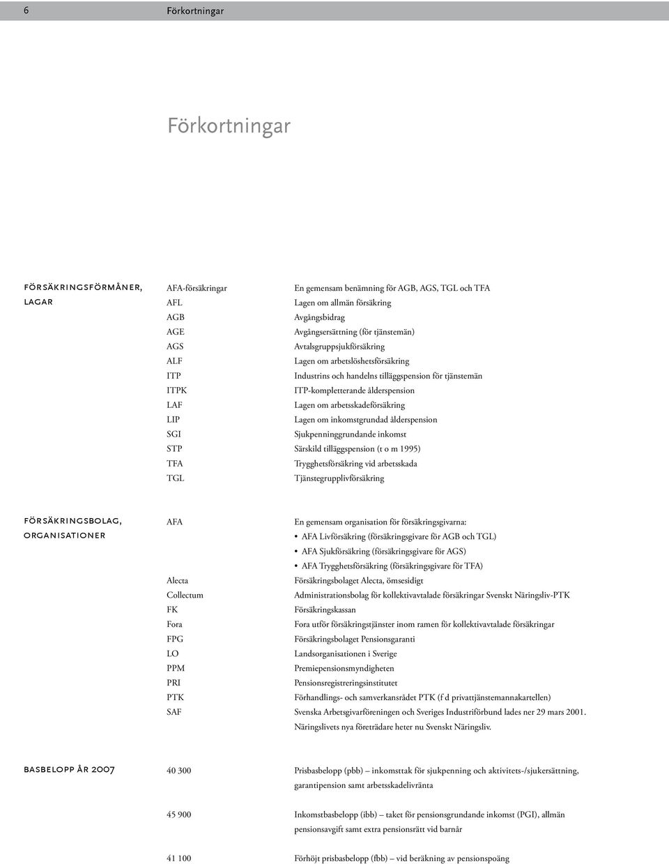 arbetsskadeförsäkring LIP Lagen om inkomstgrundad ålderspension SGI Sjukpenninggrundande inkomst STP Särskild tilläggspension (t o m 1995) TFA Trygghetsförsäkring vid arbetsskada TGL