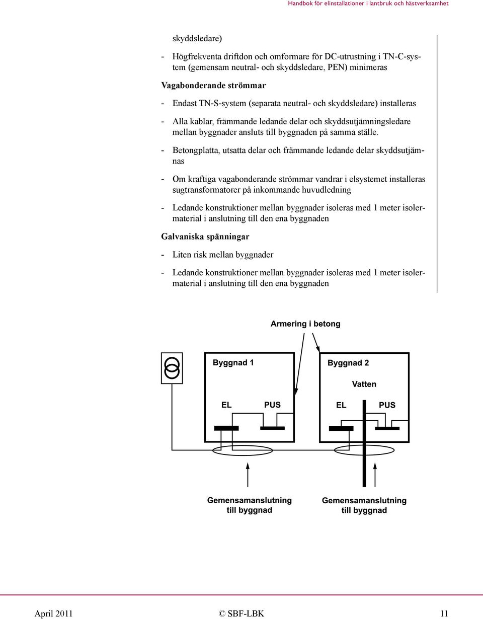 - Betongplatta, utsatta delar och främmande ledande delar skyddsutjämnas - Om kraftiga vagabonderande strömmar vandrar i elsystemet installeras sugtransformatorer på inkommande huvudledning - Ledande