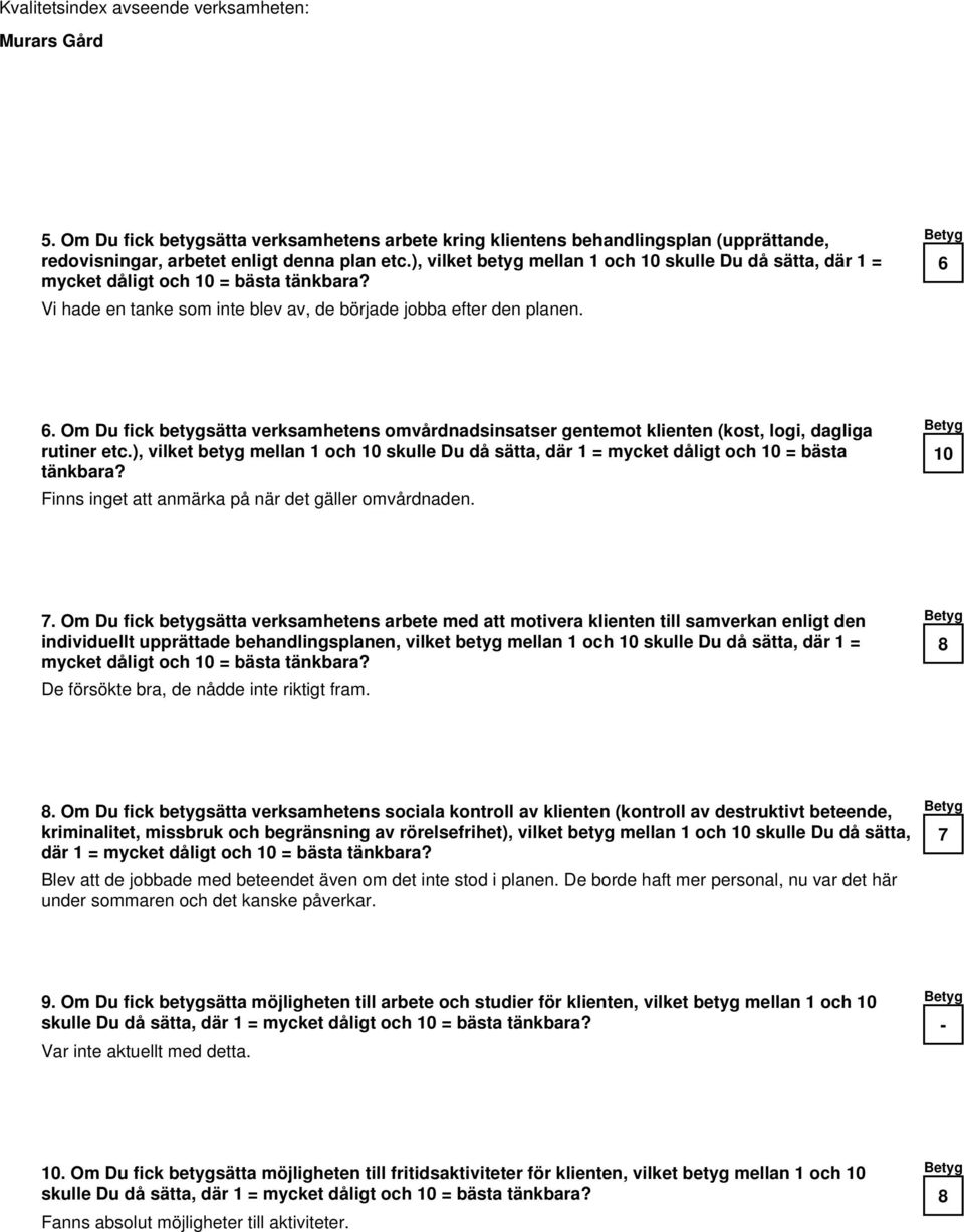 Om Du fick betygsätta verksamhetens omvårdnadsinsatser gentemot klienten (kost, logi, dagliga rutiner etc.), vilket betyg mellan 1 och skulle Du då sätta, där 1 = mycket dåligt och = bästa tänkbara?