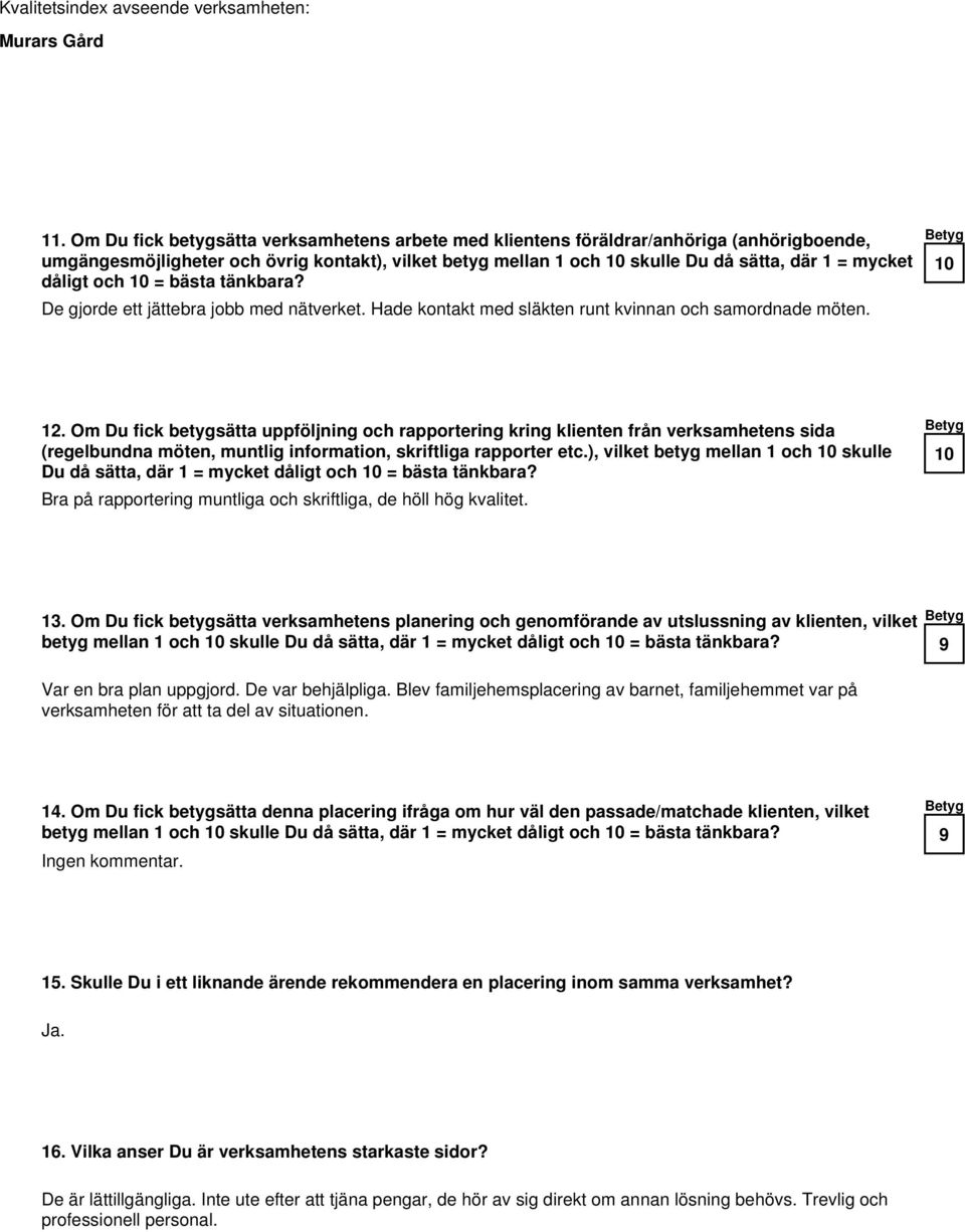 Om Du fick betygsätta uppföljning och rapportering kring klienten från verksamhetens sida (regelbundna möten, muntlig information, skriftliga rapporter etc.