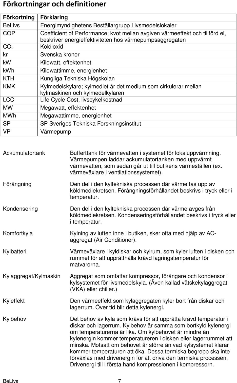 kylmedlet är det medium som cirkulerar mellan kylmaskinen och kylmedelkylaren LCC Life Cycle Cost, livscykelkostnad MW Megawatt, effektenhet MWh Megawattimme, energienhet SP SP Sveriges Tekniska