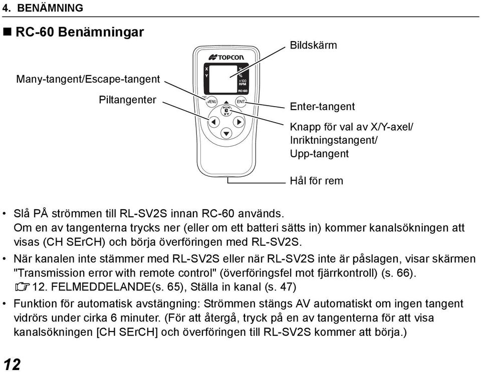 När kanalen inte stämmer med RL-SV2S eller när RL-SV2S inte är påslagen, visar skärmen "Transmission error with remote control" (överföringsfel mot fjärrkontroll) (s. 66). 12. FELMEDDELANDE(s.