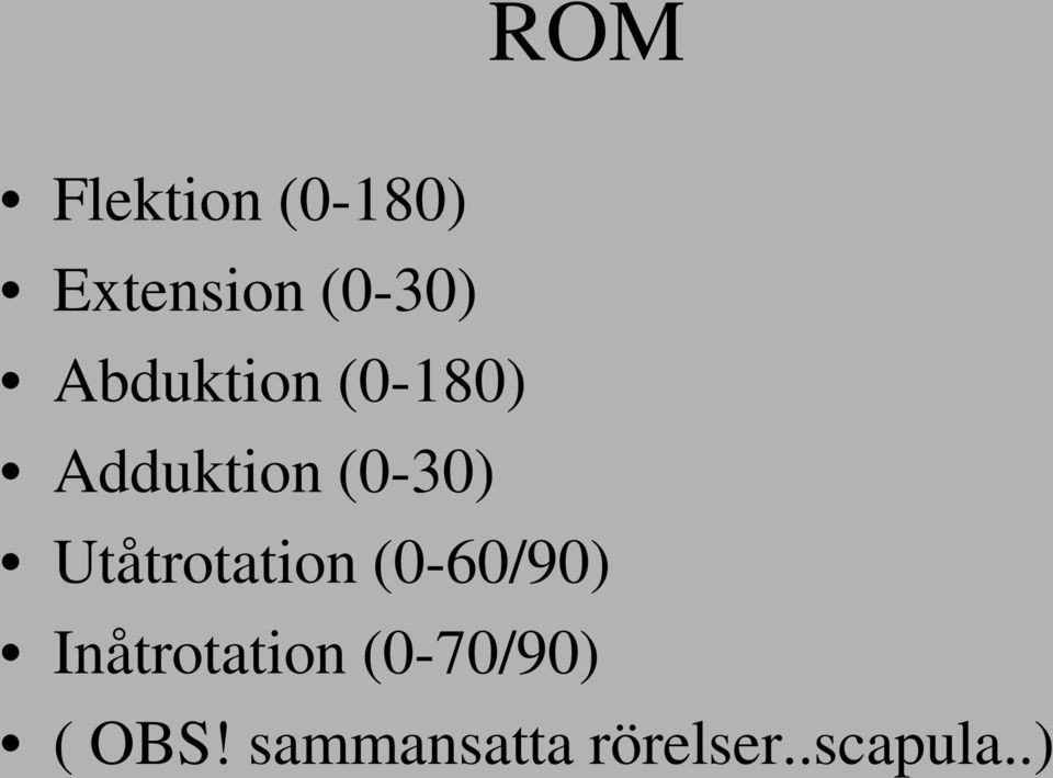 Utåtrotation (0-60/90) Inåtrotation