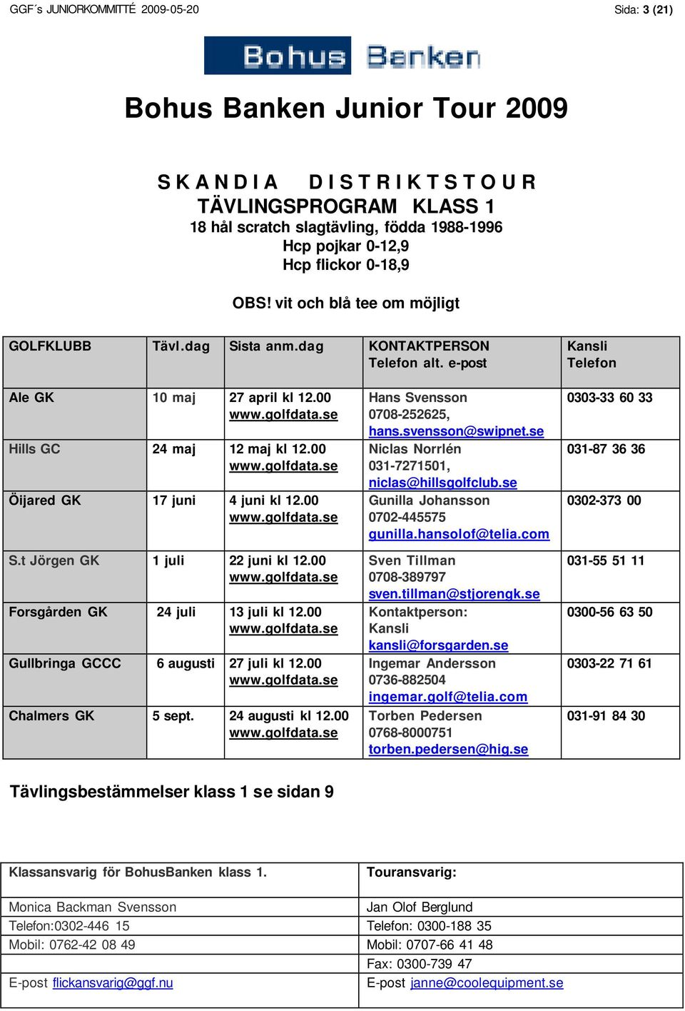 00 Öijared GK 17 juni 4 juni kl 12.00 S.t Jörgen GK 1 juli 22 juni kl 12.00 Forsgården GK 24 juli 13 juli kl 12.00 Gullbringa GCCC 6 augusti 27 juli kl 12.00 Chalmers GK 5 sept. 24 augusti kl 12.