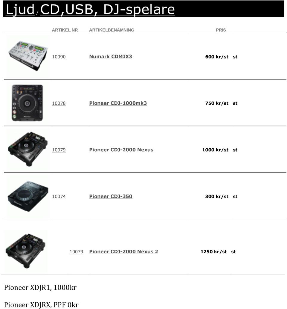 kr/st st 10074 Pioneer CDJ-350 300 kr/st st 10079 Pioneer CDJ-2000