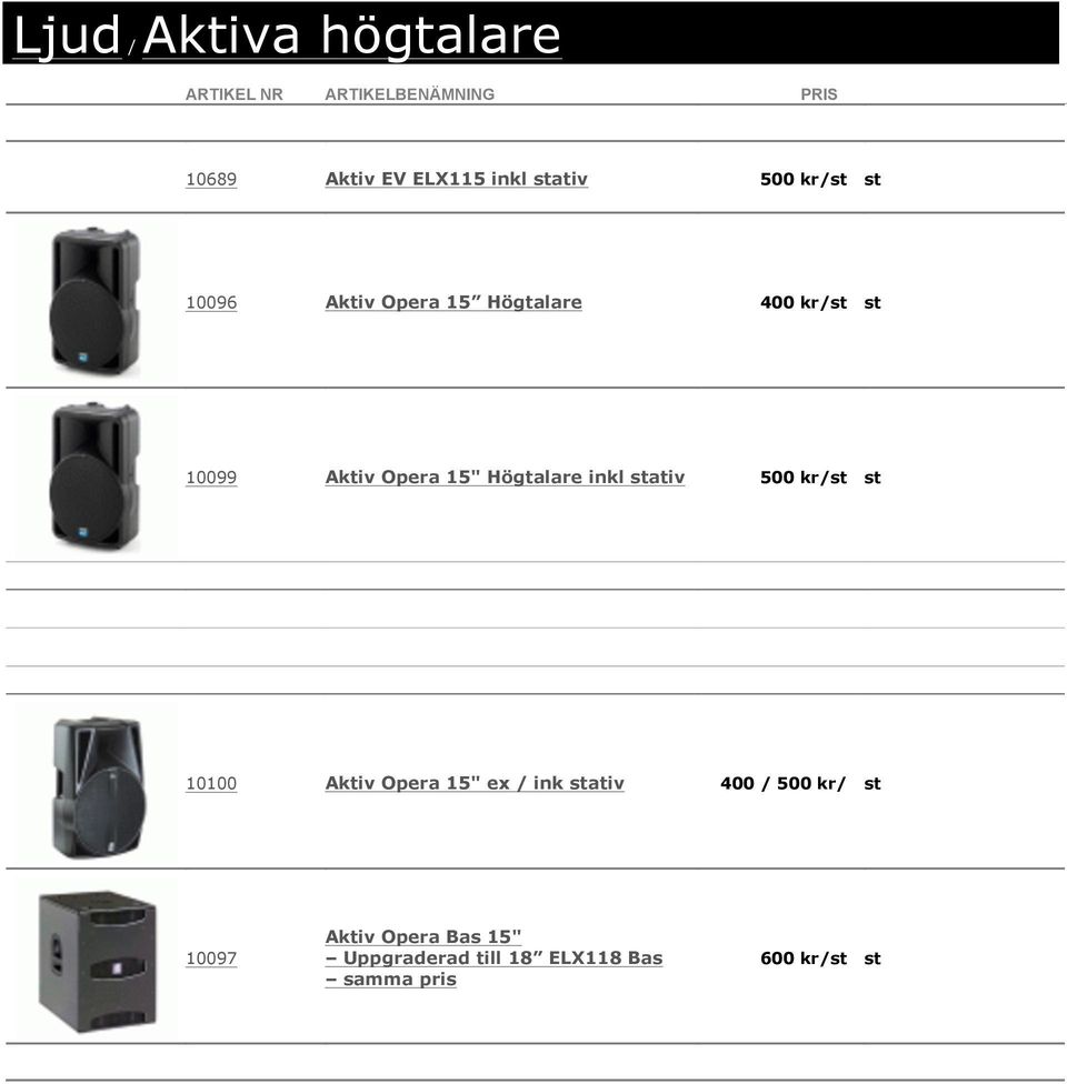 stativ 500 kr/st st 10100 Aktiv Opera 15" ex / ink stativ 400 / 500 kr/ st