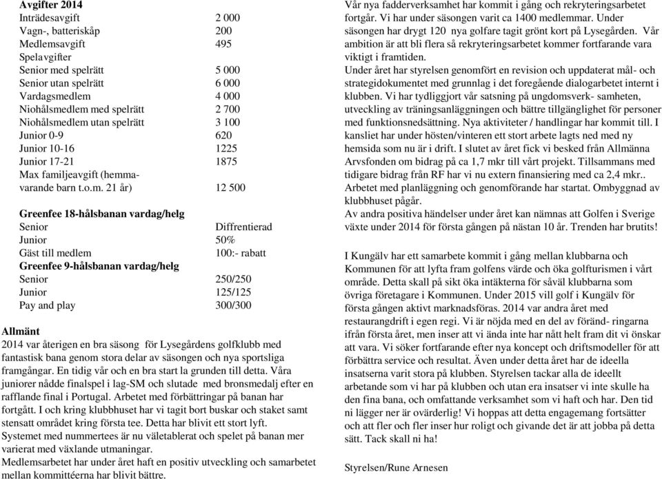 dlem utan spelrätt 3 100 Junior 0-9 620 Junior 10-16 1225 Junior 17-21 1875 Max familjeavgift (hemmavarande barn t.o.m. 21 år) 12 500 Greenfee 18-hålsbanan vardag/helg Senior Diffrentierad Junior 50%