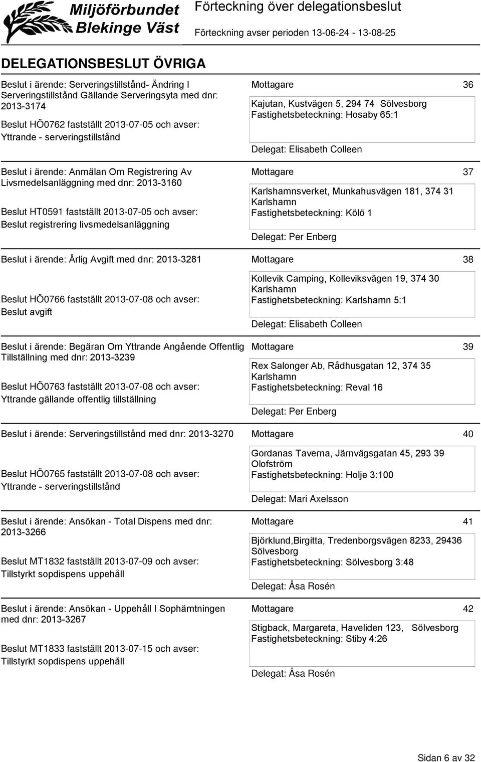 Delegat: Elisabeth Colleen sverket, Munkahusvägen 181, 374 31 Fastighetsbeteckning: Kölö 1 36 37 Beslut i ärende: Årlig Avgift med dnr: 2013-3281 38 Beslut HÖ0766 fastställt 2013-07-08 och avser: