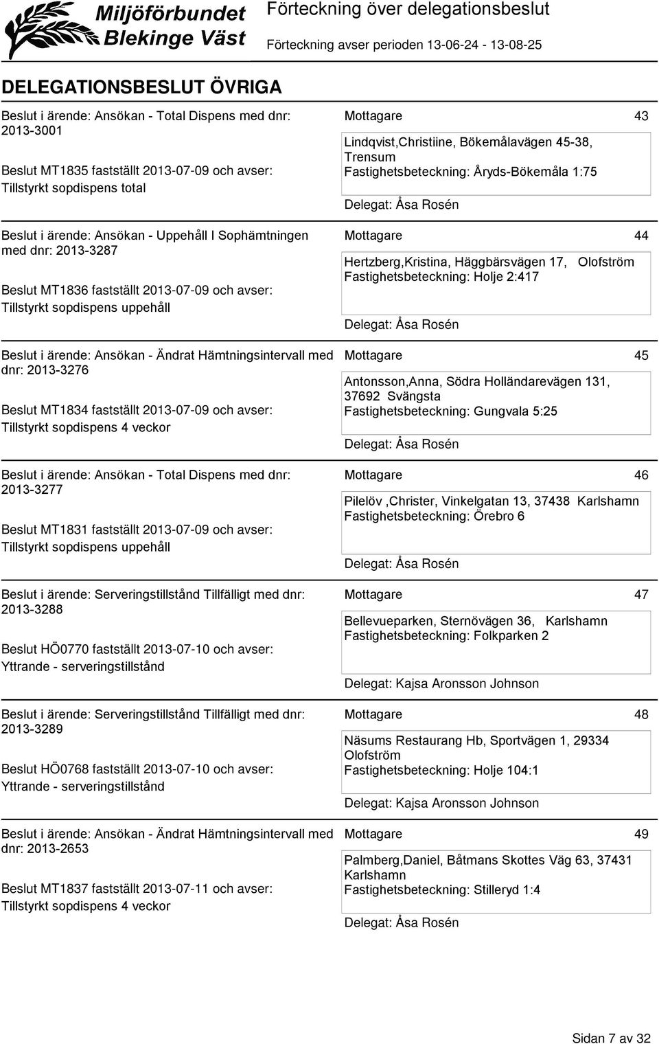 sopdispens uppehåll Hertzberg,Kristina, Häggbärsvägen 17, Olofström Fastighetsbeteckning: Holje 2:417 Delegat: Åsa Rosén 44 Beslut i ärende: Ansökan - Ändrat Hämtningsintervall med dnr: 2013-3276