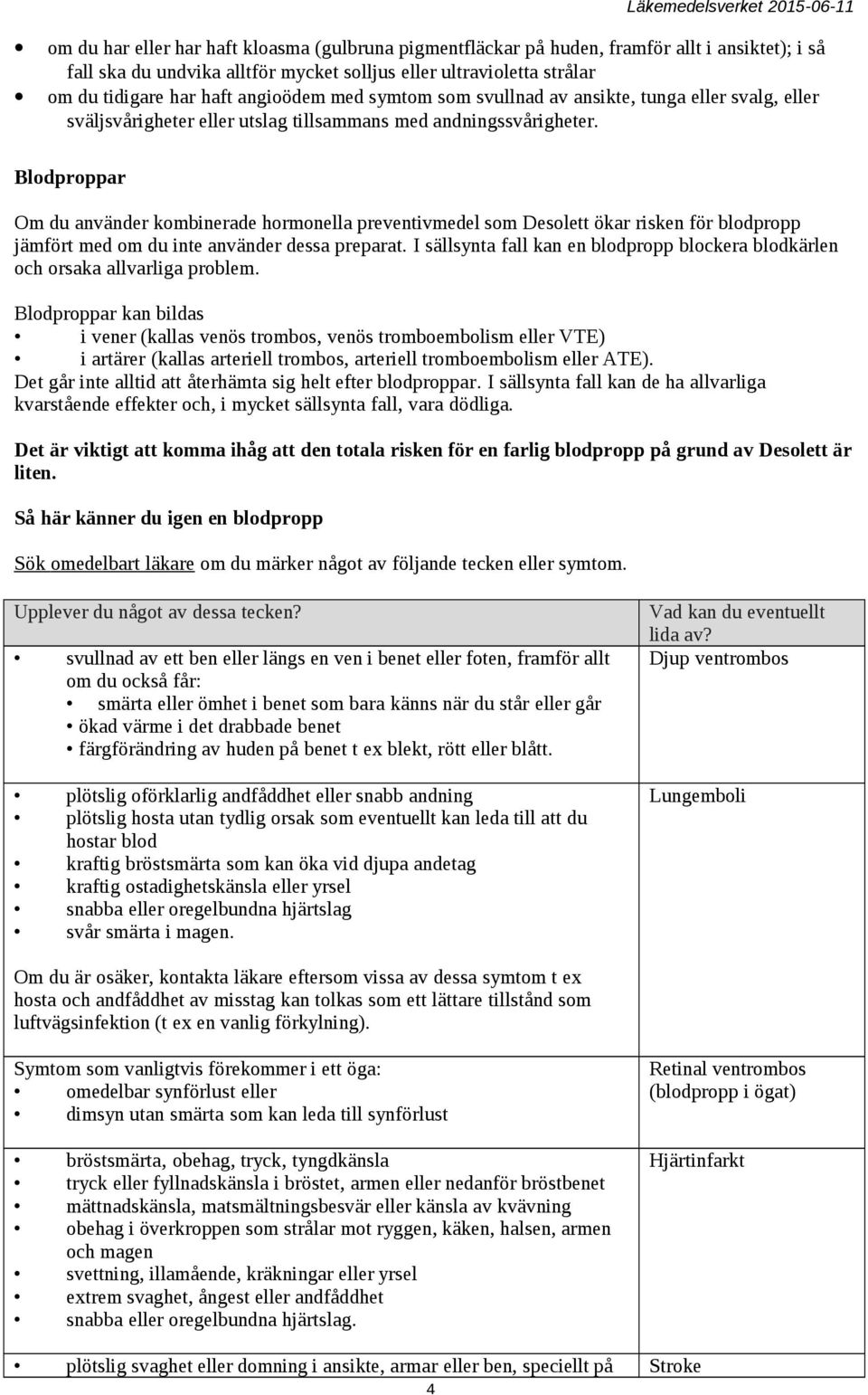 Blodproppar Om du använder kombinerade hormonella preventivmedel som Desolett ökar risken för blodpropp jämfört med om du inte använder dessa preparat.