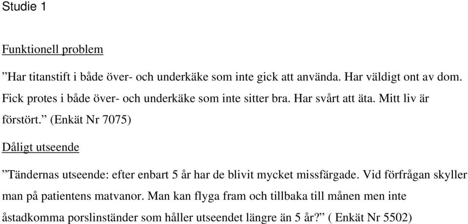 (Enkät Nr 7075) Dåligt utseende Tändernas utseende: efter enbart 5 år har de blivit mycket missfärgade.