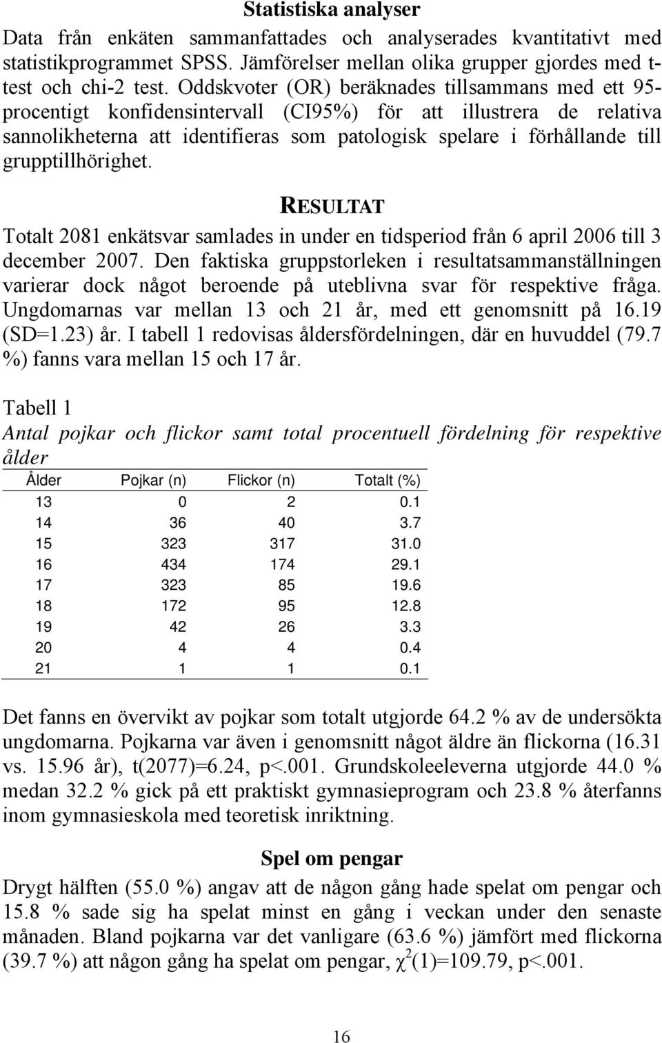 grupptillhörighet. RESULTAT Totalt 2081 enkätsvar samlades in under en tidsperiod från 6 april 2006 till 3 december 2007.