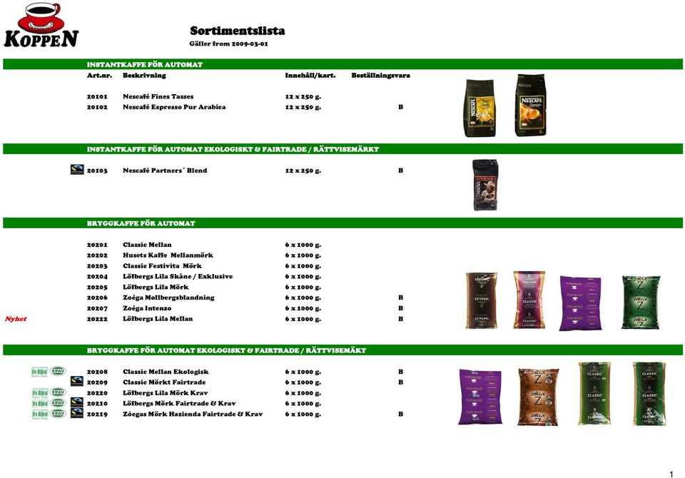 20203 Classic Festivita Mörk 6 x 1000 g. 20204 Löfbergs Lila Skåne / Exklusive 6 x 1000 g. 20205 Löfbergs Lila Mörk 6 x 1000 g. 20206 Zoéga Mollbergsblandning 6 x 1000 g.